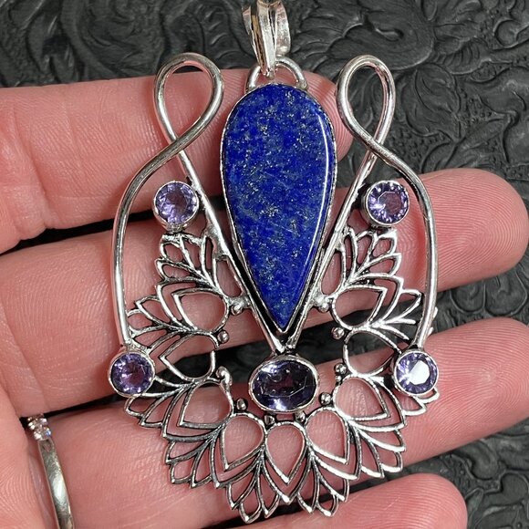 Lapis Lazuli and Amethyst Bohemian Styled Mandala Pendant Stone Crystal Jewelry - Picture 1 of 8